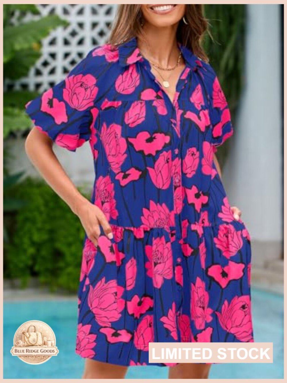 Floral Button Down Shirt Dress Puff Sleeve Loose Fit Mini Casual Boho Summer - Picture 3 of 7
